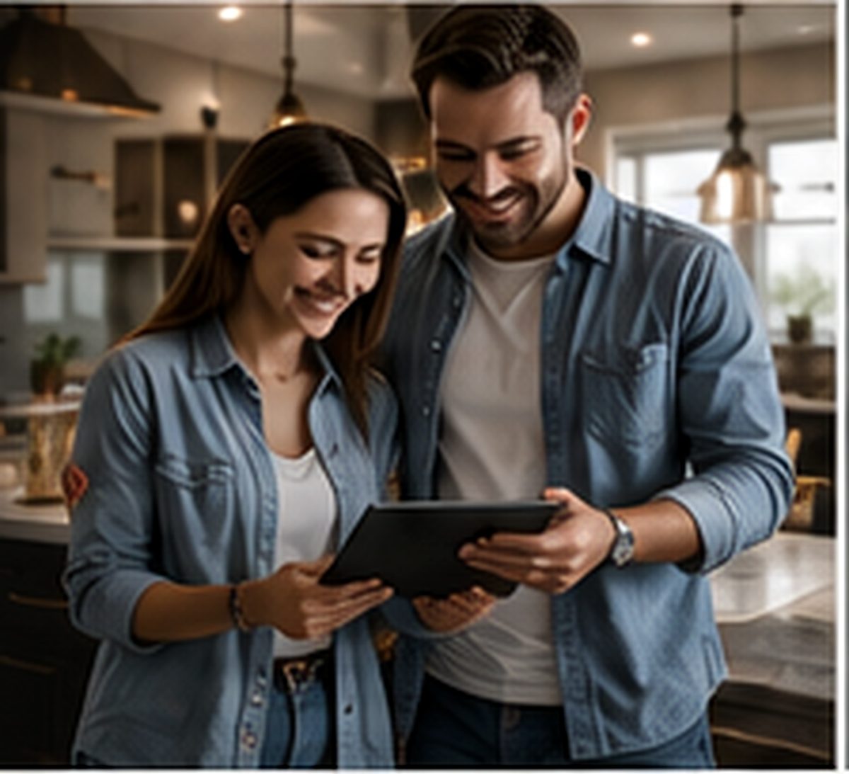 Homeowners reviewing remodeling plans on a tablet