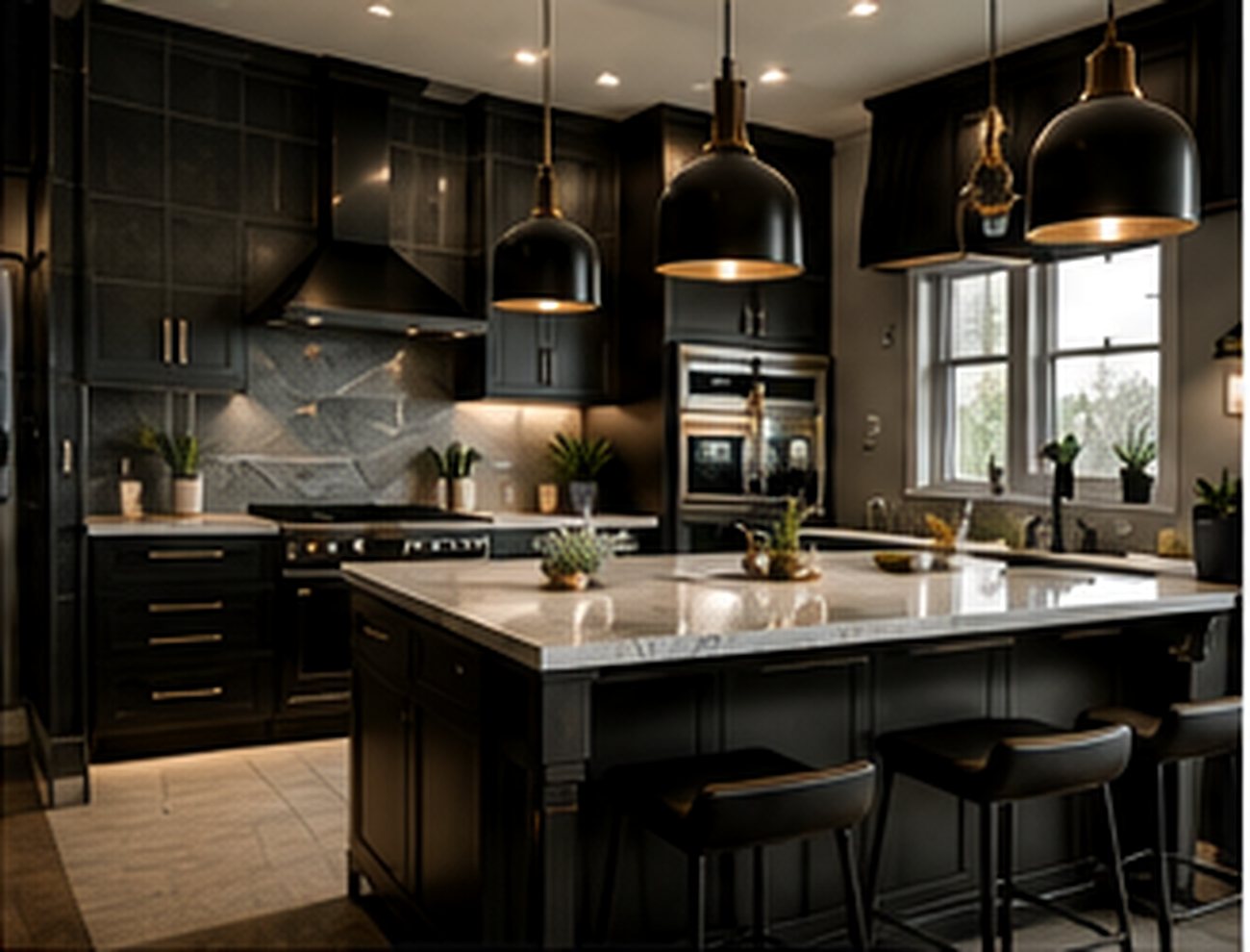Remodeled black contemporary kitchen with island seating